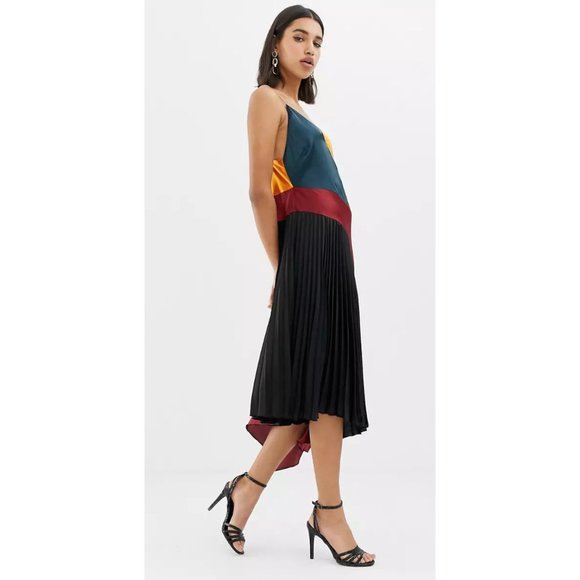 ASOS Color Blocked Pleated Skirt Satin Midi Dress - Picture 7 of 10